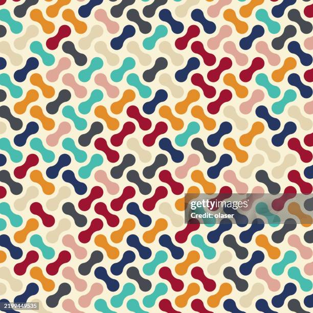 a colorful repeating pattern featuring interlocking shapes in shades of red, teal, navy, beige, and peach. the motifs create a vibrant and playful visual effect. - peanuts stock illustrations
