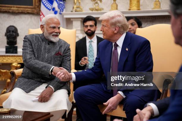 President Donald Trump and Indian Prime Minister Narendra Modi meet in the Oval Office at the White House on February 13, 2025 in Washington, DC....