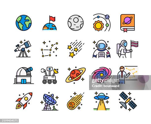 astronomie-farbliniensymbole. pixel perfekt. bearbeitbarer strich. - astronomie stock-grafiken, -clipart, -cartoons und -symbole