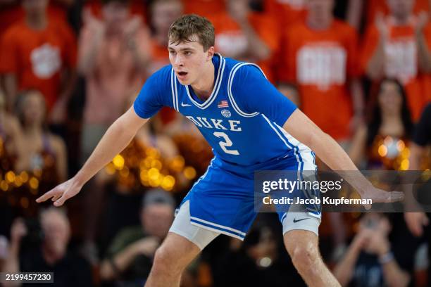 Cooper Flagg of the Duke Blue Devils plays against the Clemson Tigers during their game at Littlejohn Coliseum on February 08, 2025 in Clemson, South...