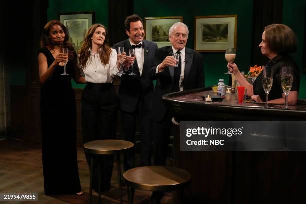 Pictured: Ayo Edebiri, Drew Barrymore, Jimmy Fallon, Robert De Niro and Rachel Dratch as Debbie Downer during the “Debbie Downer” sketch on February...