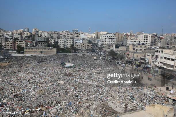View of the garbage heaps in Gaza City, Gaza on February 26, 2025. Hundreds of thousands of Palestinians displaced under the ceasefire agreement...