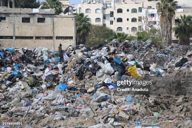 View of the garbage heaps in Gaza City, Gaza on February 26, 2025. Hundreds of thousands of Palestinians displaced under the ceasefire agreement...