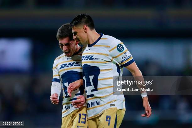 Guillermo Martinez of Pumas celebrates with Pablo Monroy after scoring the team's second goal during a CONCACAF Champions Cup 2025 first round second...