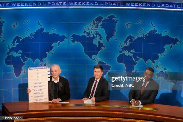 Pictured: Bill Murray, Anchor Colin Jost, and Anchor Michael Che during Weekend Update on February 16, 2025 --