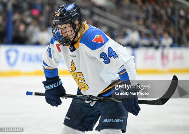 Hannah Miller of the Toronto Sceptres in action, against the Ottawa Charge during the PWHL Takeover Tour match at Rogers Place Arena in Edmonton,...