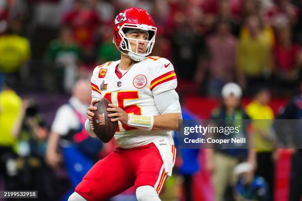 Patrick Mahomes of the Kansas City Chiefs throws the ball during the NFL Super Bowl 59 football game against the Philadelphia Eagles at Caesars...