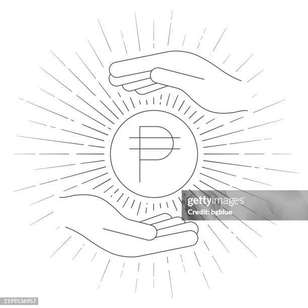 peso coin between hands. line icon with sunbursts on white background - tattoo vector stock illustrations