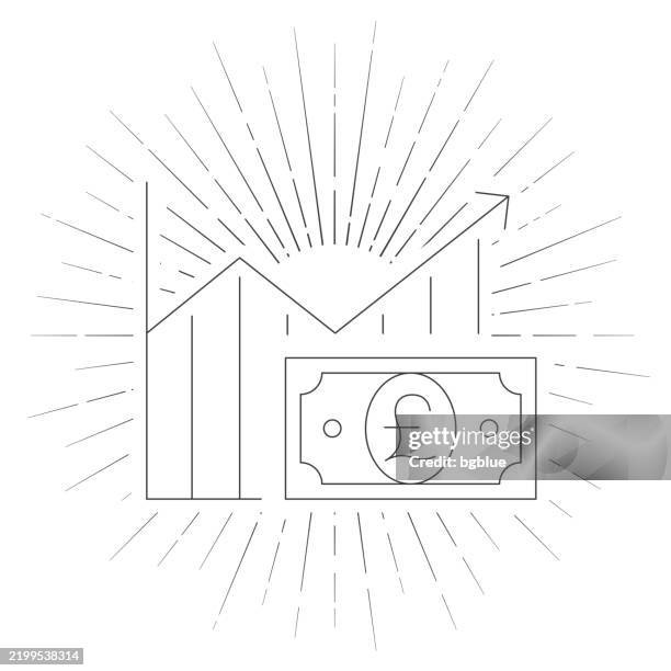 growing graph with pound banknote. line icon with sunbursts on white background - pound note stock illustrations