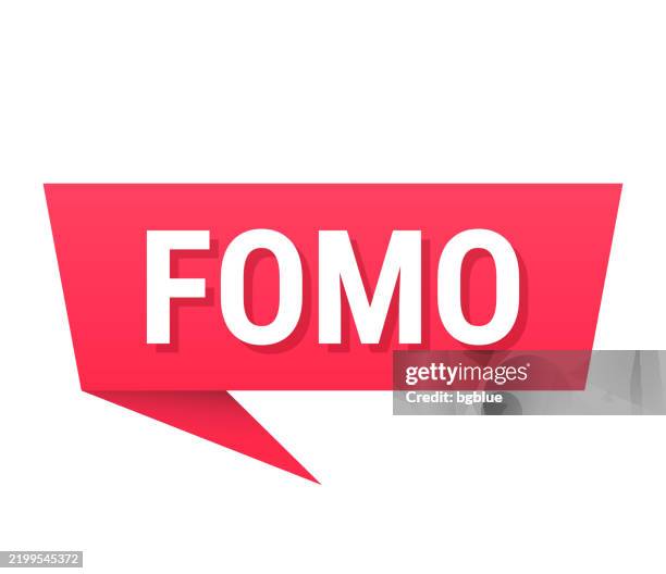 fomo - fear of missing out - red speech bubble on blank background - checking phone outside stock illustrations