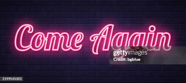 come again - glowing neon text on brick wall background - again stock illustrations