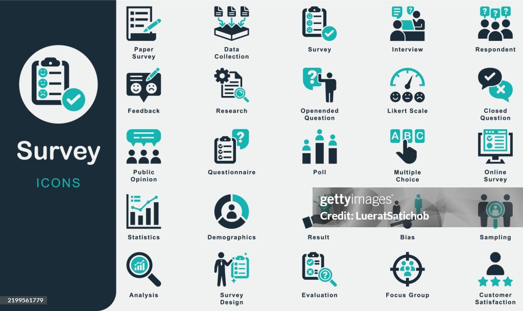 Survey solid icons collection.Containing Feedback, Questionnaire, Marketing, Business, People, Vote, Evaluation, Research, Interview, Result, Respondent, Data Collection, Sampling, Demographics, Poll