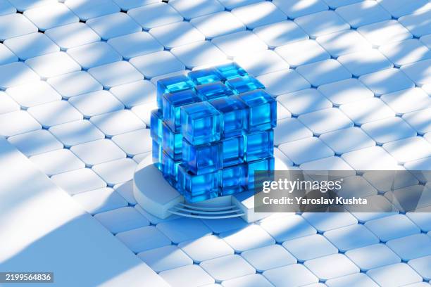 quantum computing and ai – blue glass data structure futuristic ai data cube – digital innovation concept cgi - code blue stock pictures, royalty-free photos & images
