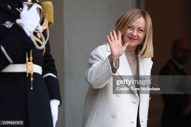 Italian Prime Minister, Giorgia Meloni, arrives for a meeting with other European leaders on the situation in Ukraine and security issues in Europe...