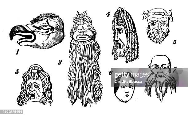 masken: tacana, neukaledonier, weibliche antike tragödie, männliche antike tragödie, komödie, japanisch - theatermaske stock-grafiken, -clipart, -cartoons und -symbole