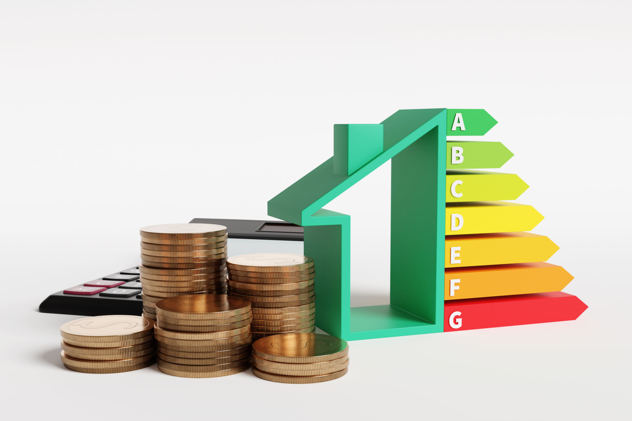 Half a house model with an energy efficiency chart, a calculator and stacks of gold coins on a white background. Illustration of the concept of energy saving and conservation Half a house model with an energy efficiency chart, a calculator and stacks of gold coins on a white background. Illustration of the concept of energy saving and conservation