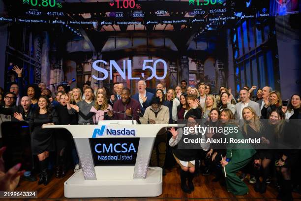 Current and former cast members, Chloe Fineman, Taran Killam, Jay Pharoah, Alex Moffat and Garrett Morris, along with Matt Strauss, Chairman,...