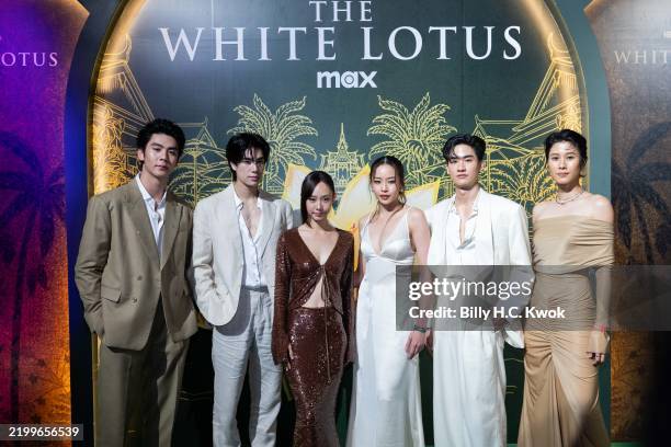 Phuwin Tangsakyuen , Tawan Vihokratana and guests attend "The White Lotus" after party at Four Season Hotel on February 14, 2025 in Bangkok, Thailand.