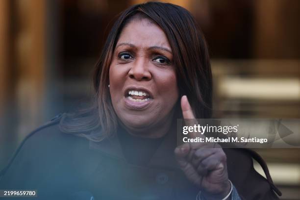 Attorney General Letitia James speaks during a press conference on the Department of Government Efficiency at Manhattan Federal Courthouse on...