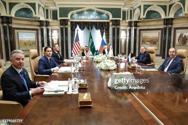 Saudi Foreign Minister Faisal bin Farhan Al Saud , Russian Foreign Minister Sergey Lavrov , Russian President Vladimir Putin's Foreign Policy Advisor...