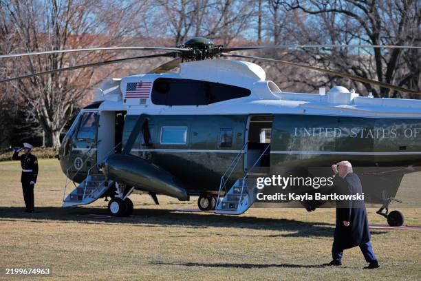 President Donald Trump walks to Marine One as he departs the White House on February 14, 2025 in Washington, DC. Trump will be traveling to Florida...