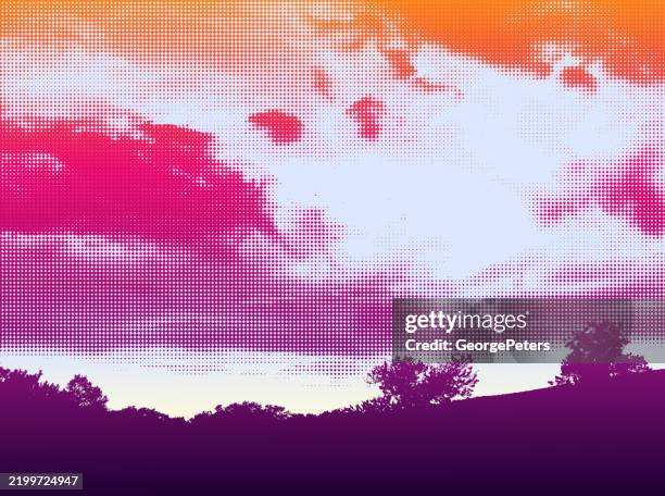 half tone vector background of clouds and trees - dried lavender stock illustrations