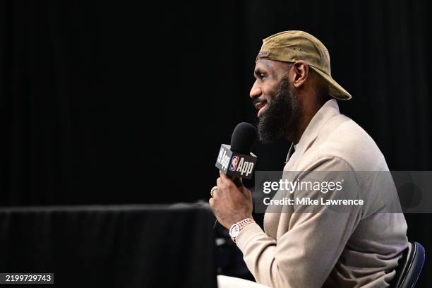 LeBron James talks to the media during a press conference as part of NBA All-Star Weekend on Sunday, February 16, 2025 at Chase Center in San...