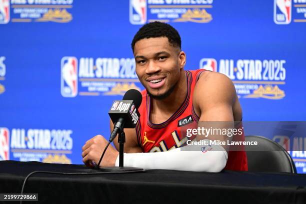 Giannis Antetokounmpo talks to the media during a press conference as part of NBA All-Star Weekend on Sunday, February 16, 2025 at Chase Center in...