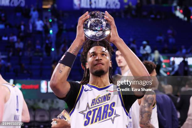 Stephon Castle of the San Antonio Spurs and Team C celebrates after winning the NBA Rising Stars MVP during the 2025 NBA All-Star Rising Stars Game...