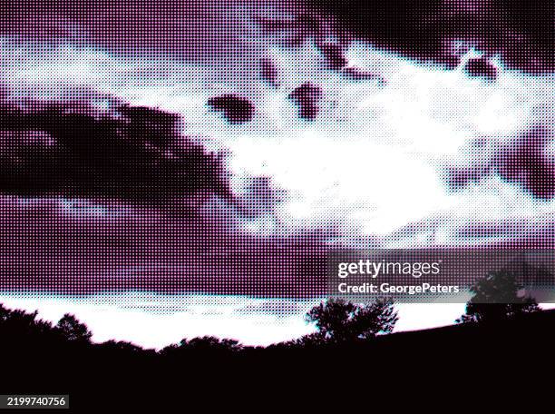 half tone vector background of clouds and trees with glitch technique - scratchboard stock illustrations