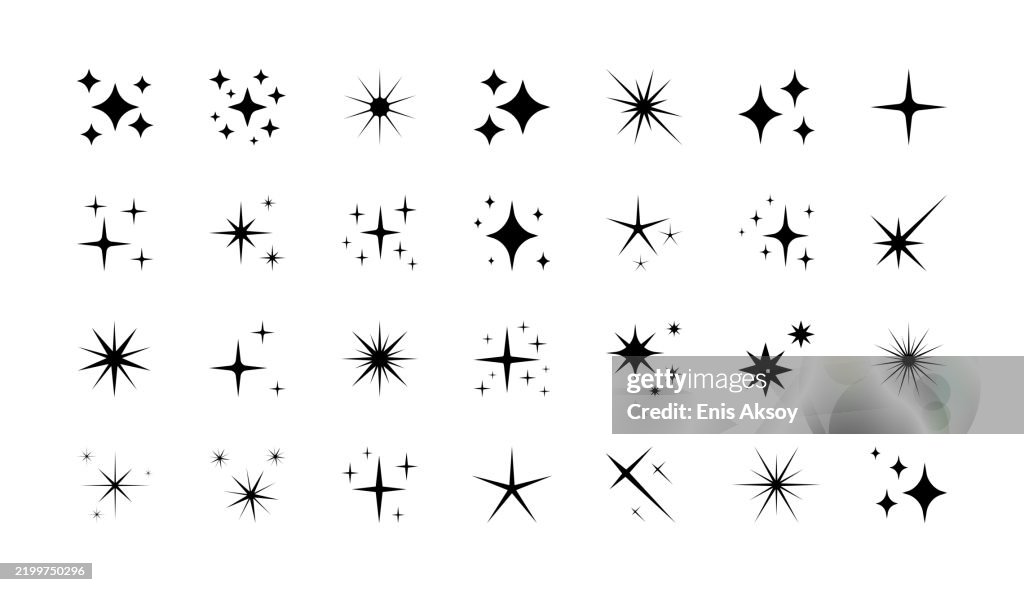 きらめく星のアイコンセット。Twinkleはアイコンを主役にしています。シャイニングスターズコレクション。さまざまな星の形。キラキラ、輝き、きらめき、すっきりとした効果