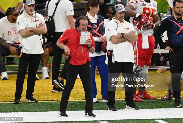 Defensive Coordinator Steve Spagnuolo of the Kansas City Chiefs looks on against the Philadelphia Eagles in the second quarter during Super Bowl LIX...