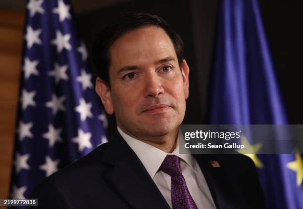 Secretary of State Marco Rubio arrives to meet with German Foreign Minister Annalena Baerbock at the 61st Munich Security Conference on February 15,...