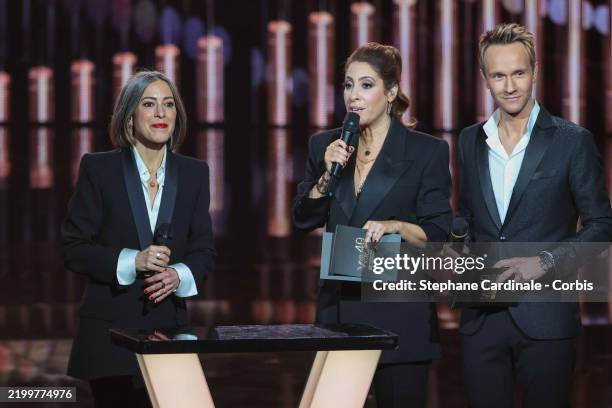 Keren Ann, Léa Salamé and Cyril Féraud attend the 40th "Les Victoires De La Musique" Award Ceremony at La Seine Musicale on February 14, 2025 in...