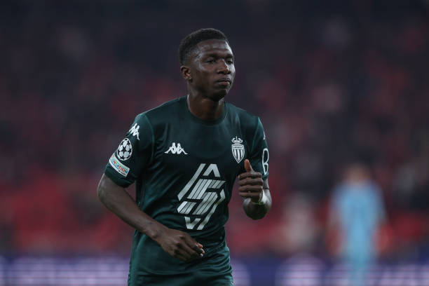 Lamine Camara of AS Monaco looks on during the UEFA Champions League 2024/25 League Knockout Play-off second leg match between SL Benfica and AS...