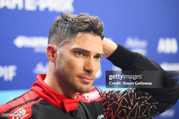 Edoardo Mortara of Switzerland and Mahindra Racing looks on during qualifying ahead of the Jeddah E-Prix, Round 4 of the 2025 FIA Formula E World...