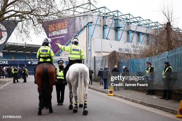 General view outside the stadium as members of the Metropolitan Police patrol on horseback prior to the Sky Bet EFL Championship match between...