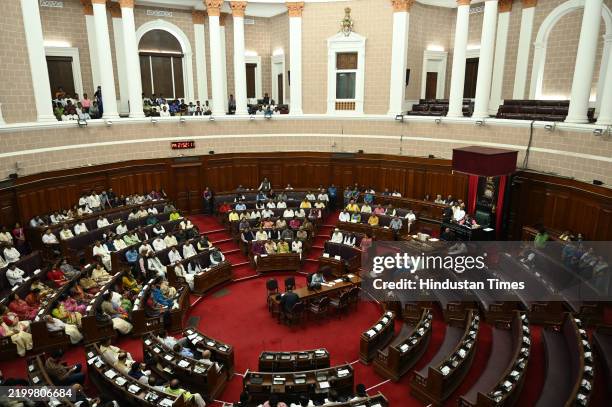 Empty seats are seen at the West Bengal Legislative Assembly house during discussion on State Budget as BJP MLAs walkout from Assembly over...