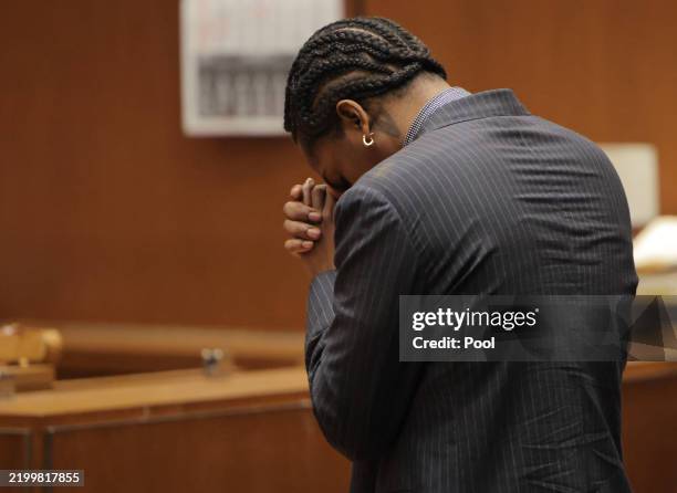 Rakim Mayers, aka A$AP Rocky, reacts in court as the verdict is given in his felony assault trial at Clara Shortridge Foltz Criminal Justice Center...
