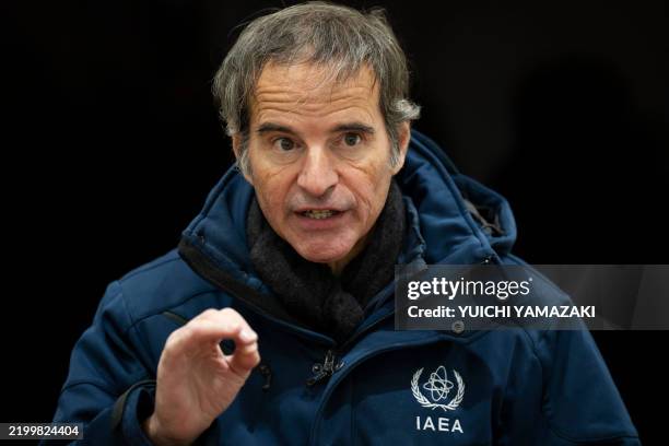 International Atomic Energy Agency director general Rafael Mariano Grossi speaks to media after inspecting the Interim Storage Facility site where...
