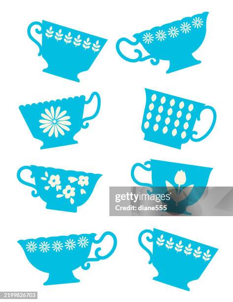 cute retro teacups isolated on a transparent base - tea cup stock illustrations