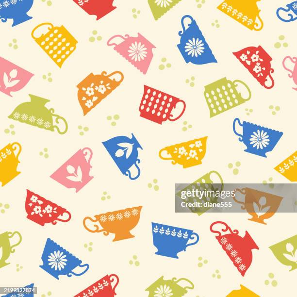 fun retro scattered teacups seamless background pattern - cafe background bright stock illustrations