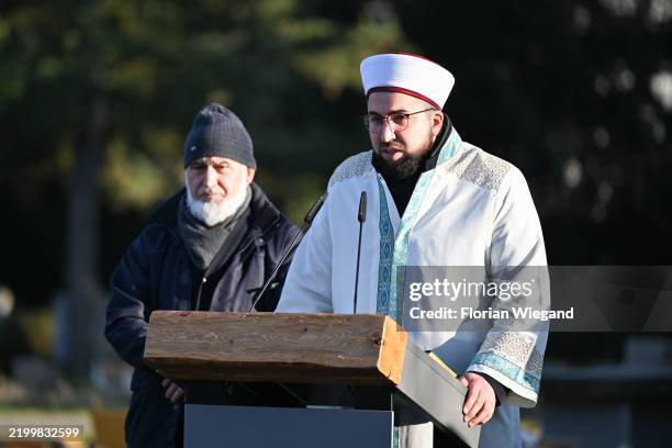 Iman Macit Bozkurt speaks during the main cemetery to commemorate victims, on the 5th anniversary of the shootings on February 19, 2025 in Hanau,...