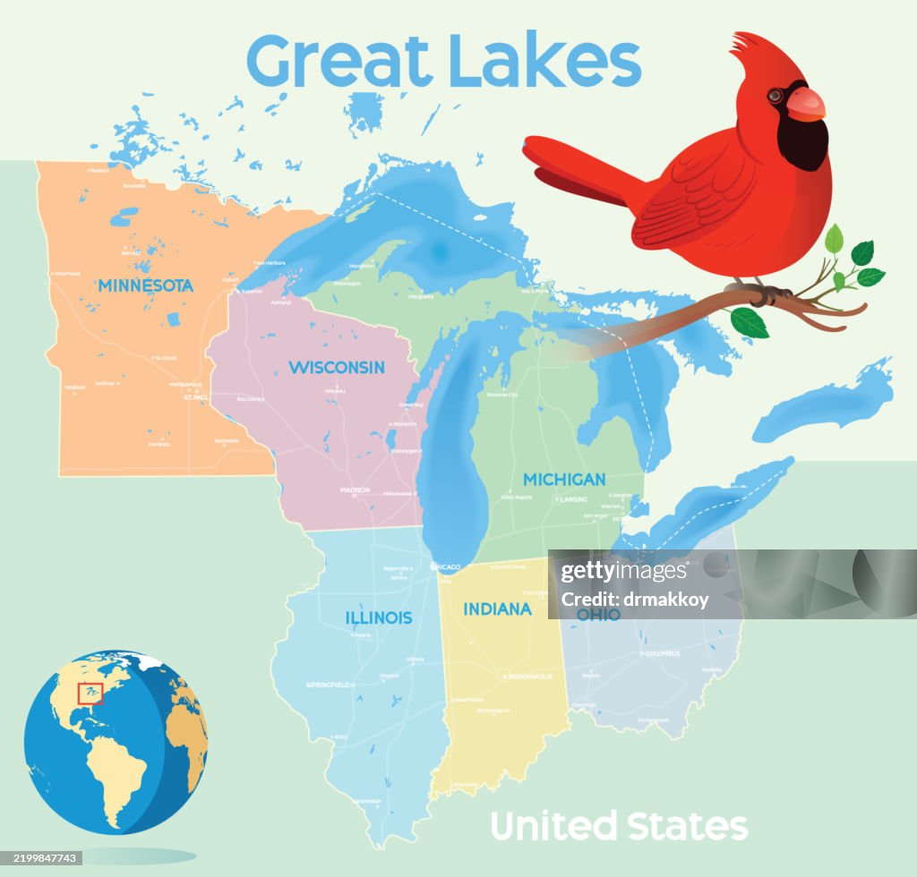 Great Lakes Map and Cardinal Birds