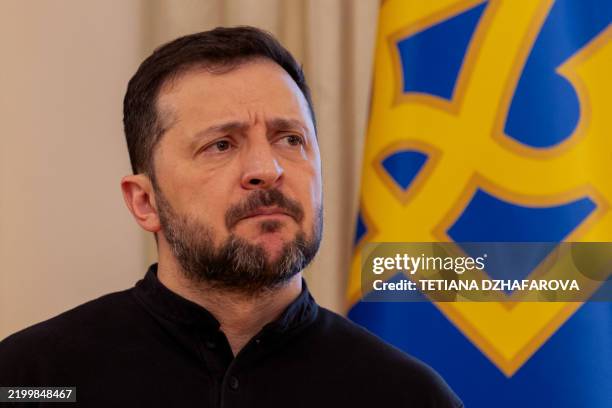 Ukraine's President Volodymyr Zelensky gives a press conference in Kyiv on February 19 amid the Russian invasion of Ukraine. Ukrainian President...