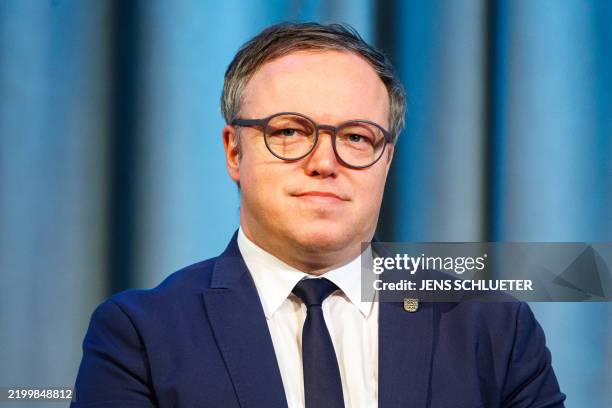 Thuringia's State Premier Mario Voigt attends an election rally of the Christian Democratic Union party in Halle, eastern German on February 18, 2025.