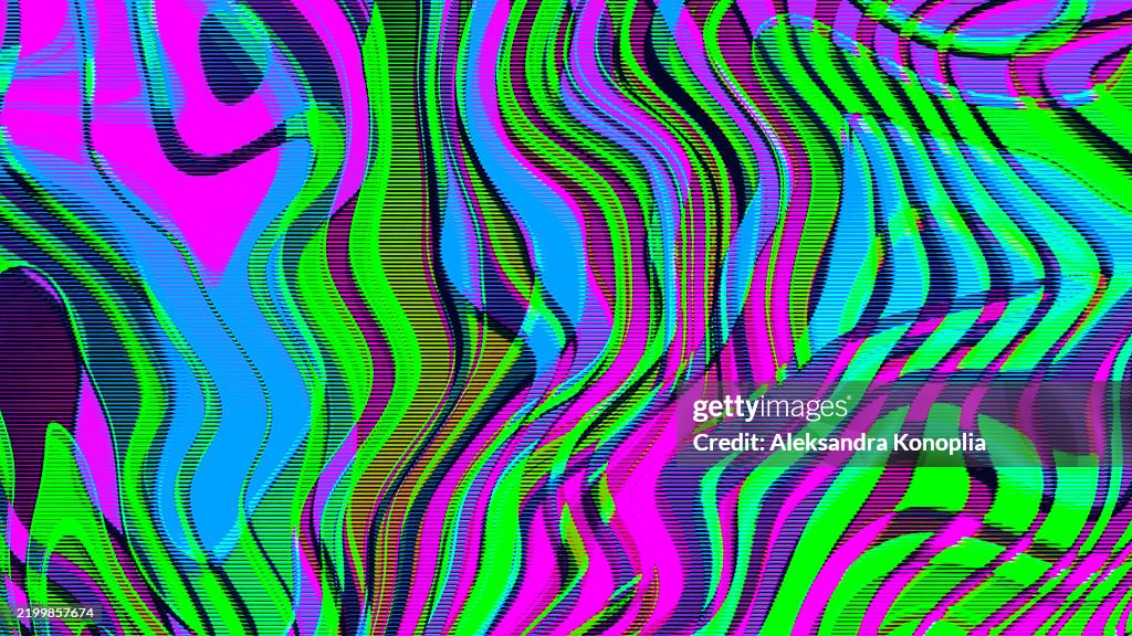 Vibrant Abstract Wave Pattern in Neon Green, Blue, Pink for 80s, Psychedelic Design