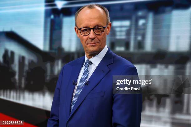 Friedrich Merz of the Christian Democratic Union pictured in a WELT TV studio ahead of a TV debate, on February 19, 2025 in Berlin, Germany.