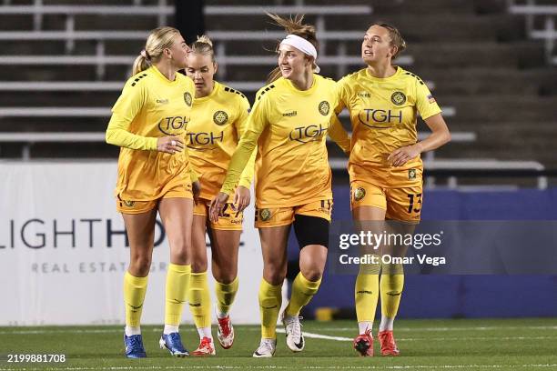 Parker Goins of Tampa Bay Sun FC celebrates after scoring her team's first goal during match between Dallas Trinity FC and Tampa Bay Sun FC at Cotton...