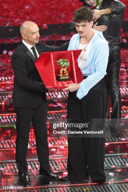 Alessandro Mager and Olly with Leoncino D’Oro Award attend the 75th Sanremo Music Festival 2025 at Teatro Ariston on February 15, 2025 in Sanremo,...